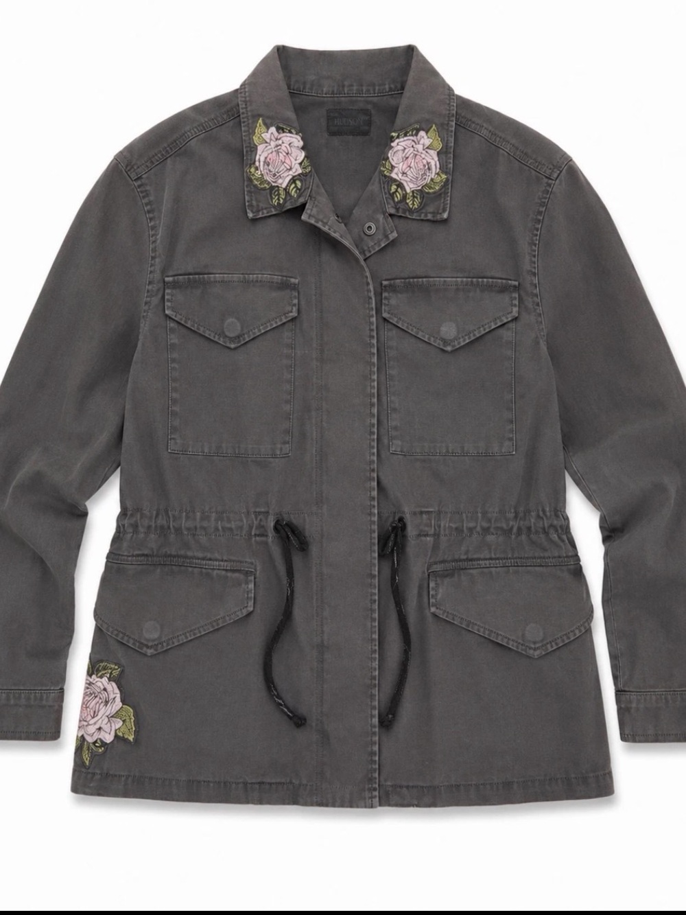 Hudson Jeans Charcoal Utility Jacket with Pink Rose Embroidery | Size Small